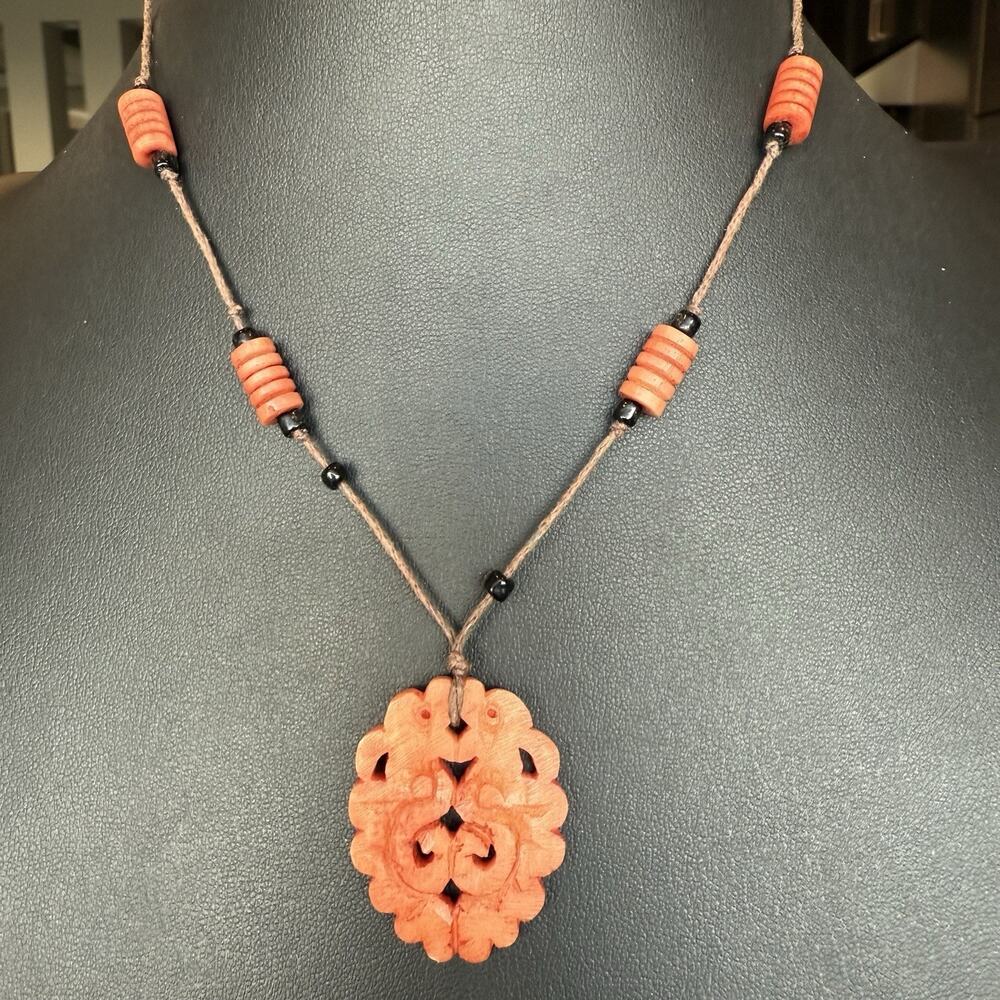 Carved Double Dragon Pendant Necklace Feng Shui Handcrafted Artisan Jewelry